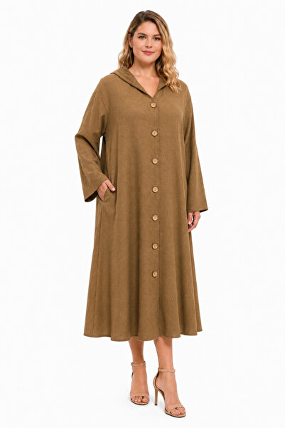 Şans Women's Plus Size Milk Coffee Color Hooded Jacket with Side Pockets 65N3...
