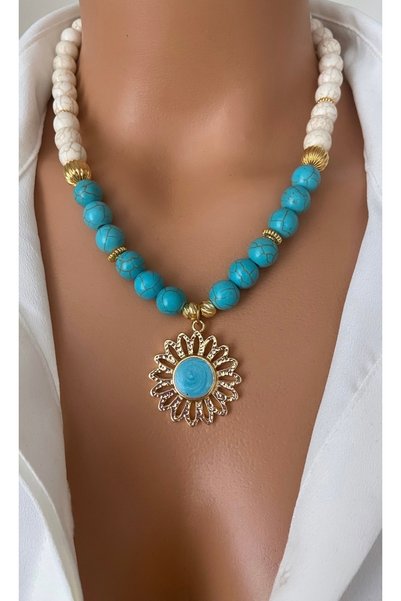 TARZ-I TAKI Natural Stone 10 mm Turquoise @ Cream Coral Flower Pendant