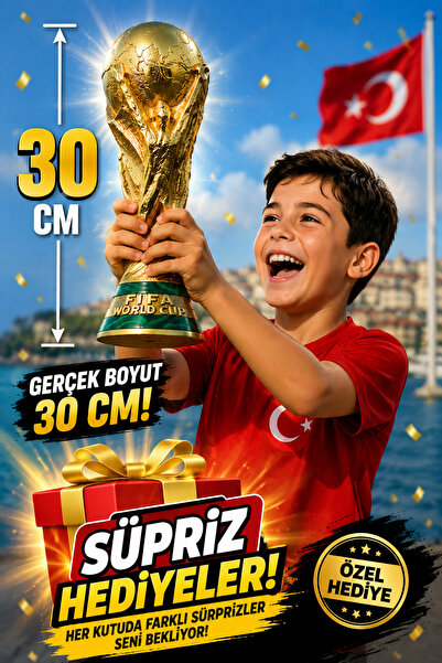 SÜPRİZ HEDİYELİ DÜNYA KUPASI 30 CM GOLD KAPLAMA VE YEŞİL ŞERİTLERLE