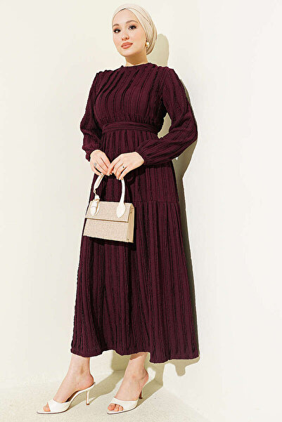 YAZGI MODA Şerit Fırfırlı Kuşaklı Elbise Mürdüm