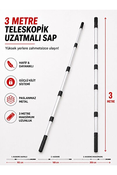 Ceyhanlar 3 Metre Teleskopik Uzatma Sapı 3 Kademeli Metal Sırık Cam Silme Boy...