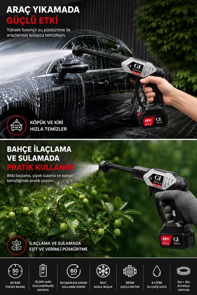 GÜELA Şarjlı Yüksek Basınçlı Oto Yıkama ve Bahçe İlaçlama Tabancası 50 Bar 360W Kablosuz 15000 mAh Batarya