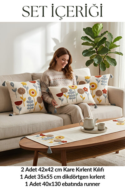 Valmia Home Set de 4 huse de pernă și traversă din bumbac Buldan, brodate, cu...