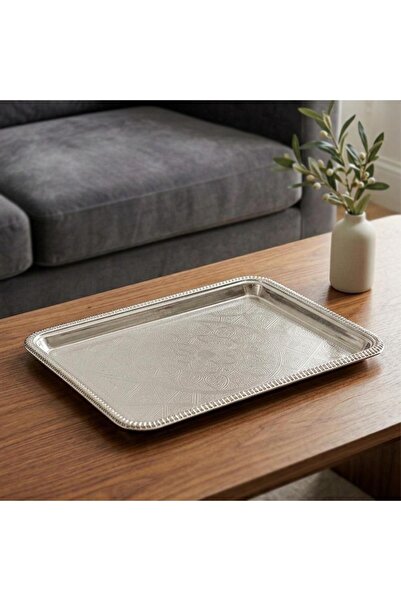 laverahome Steel Serving Tray with Luxury Pattern Silver Color |