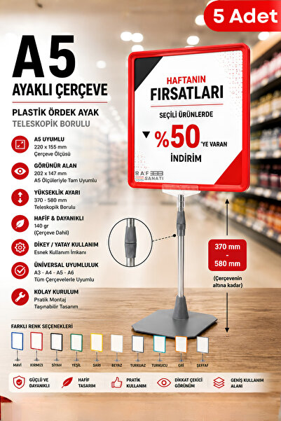 Raf Sanatı 5 Adet - A5 Ayaklı Çerçeve Seti Plastik Ördek Ayak Teleskopik Boru...