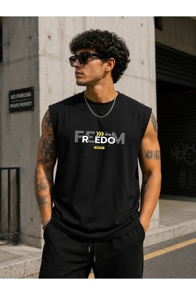 caddekombin Zero Sleeve Unisex Freedom Printed Cotton Combed Crew Neck T-Shirt