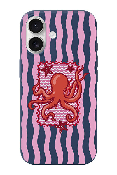 shoptocase iPhone 16 Uyumlu Pink Octopus Desenli TPU İçi Süet Lansman Telefon...