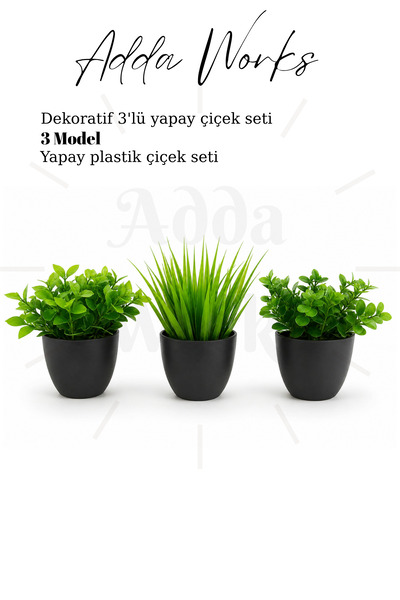 Adda Works 3'lü Yapay Saksı Çiçeği, Dekoratif Yapay Bitki Seti, Masa Üstü, Sa...