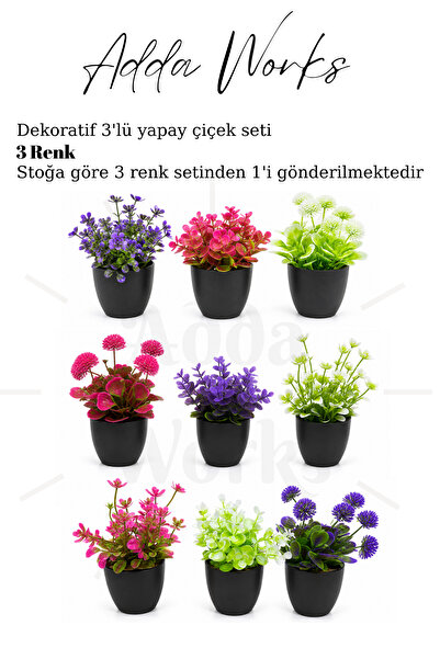 Adda Works 3'lü Yapay Saksı Çiçeği Seti Dekoratif Yapay Bitki Ev Salon Ofis B...