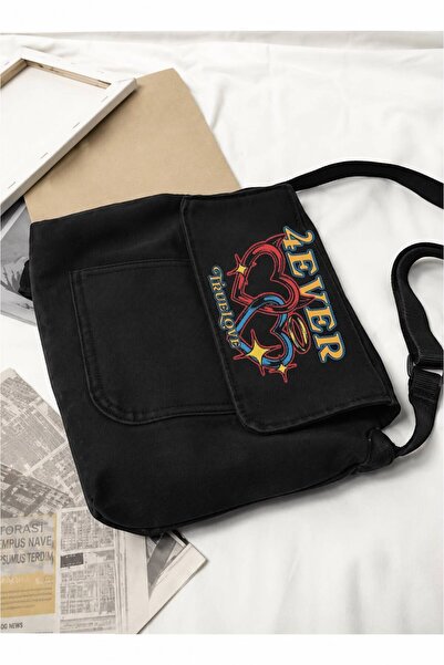 Minga London Black 4 Ever True Love Printed Denim Messenger Bag