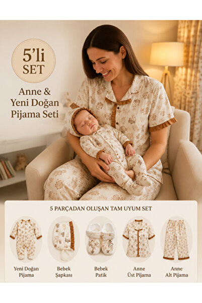 elite by seba Yeni Doğan 5'li Anne Bebek Kombin Pijama Takımı – Tulum, Şapka,...