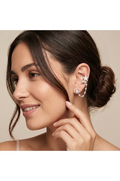FaWerStudio Yıldız Model Zincirli Gümüş Kaplama Kıkırdak Küpe (Earcuff)