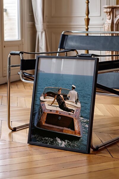 Postifull Boat and Woman Poster, Black Framed Poster, Old Money Series, No:11...