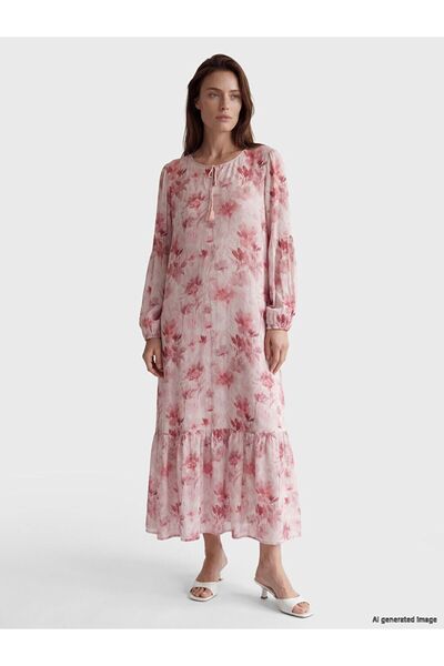 LC Waikiki Lcw Grace Ecru Tie-Detail Collar Patterned Dress