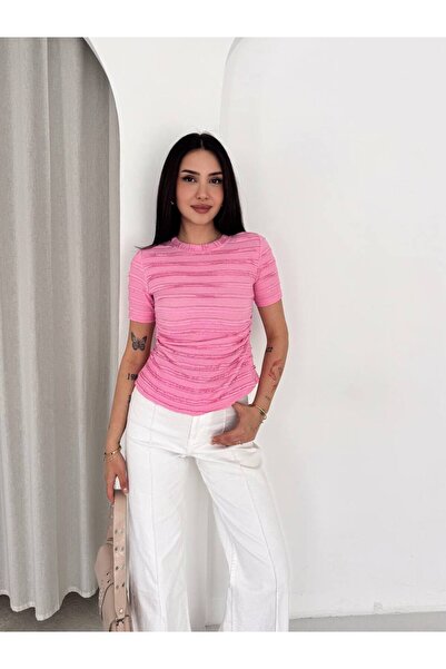 Butik Beyza Textured Striped Stretchy Fabric Short Sleeve Blouse