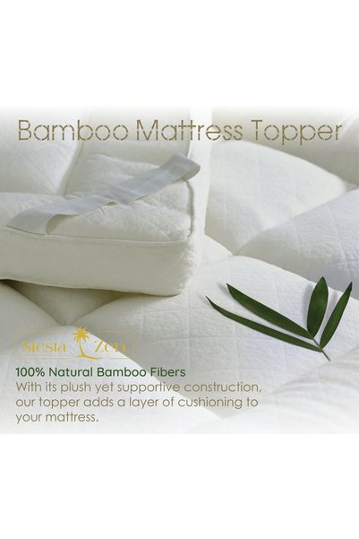 Siesta Zen Bamboo Mattress Topper 4" Thick 10cm Plush Fiber Fill, Box Quilted for Comfort, Breathable & Hypoallergenic, Elastic Straps Fit Up to 16" Mattress