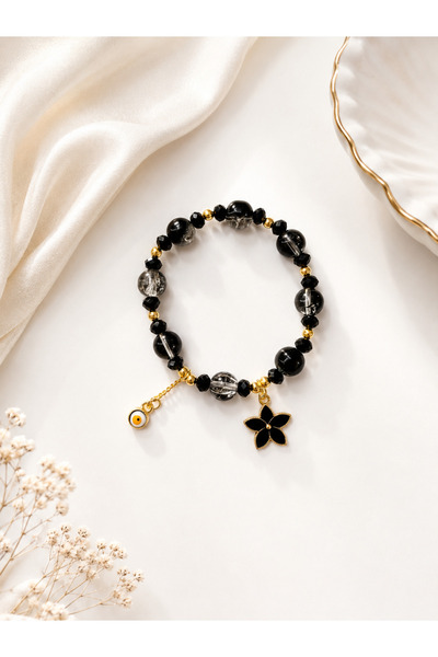 Lilith Takı Black Natural Stone Look Flower Figured Evil Eye Beaded Women's B...