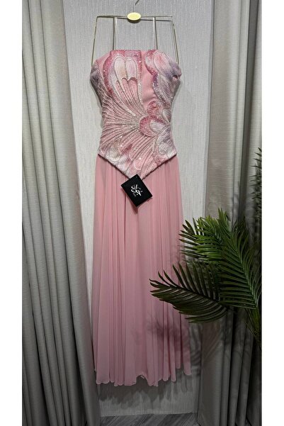 Jood Pink Evening Dress with Beaded Embroidery and Chiffon Skirt