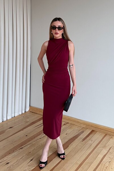 Laluvia Burgundy Draped Slit Dress - 4114