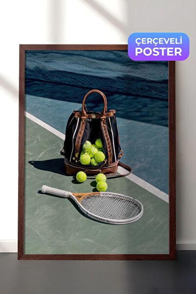 Postifull Tennis Racket and Balls Poster, Brown Framed Poster, Old Money Seri...