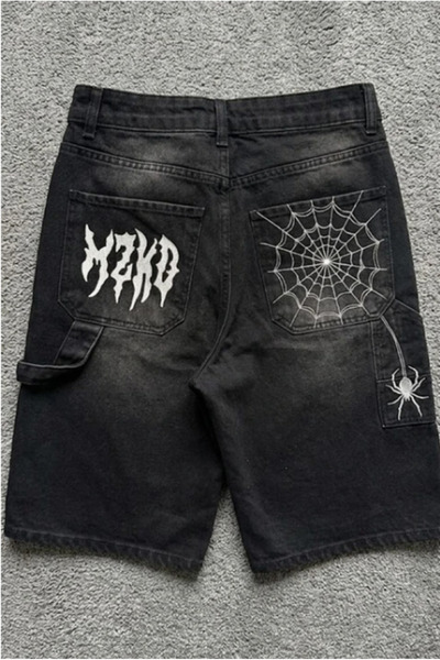 BALİNA Siyah Taşlamalı Beyaz MZKD Spider Y2K Baggy Unisex Şort