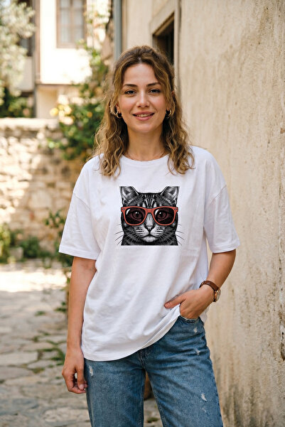 BAGAND Unisex Oversize Cat with Glasses Printed White T-Shirt Minimalist Grap...