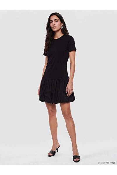 LC Waikiki Lcw Vision Black Crew Neck Balloon Mini Dress