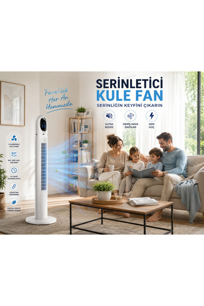 Bood 114 cm Kule Vantilatör 45W | Uzaktan Kumandalı | 24 Saat Zamanlayıcı | 3 Mod | 3 Hız | Sessiz Fan