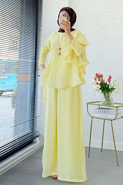 MELEK ARAZ Premium Ruffle Detailed Voile Trouser Set - Yellow