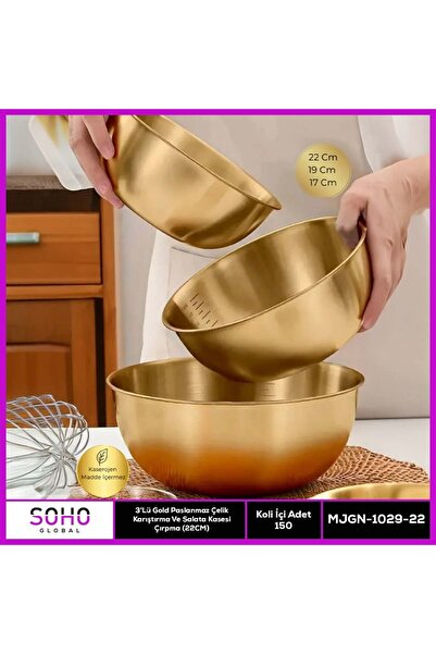 MOBGİFT 3'lü Gold Paslanmaz Çelik Karıştırma ve Salata Kasesi Çırpma 700-1200...