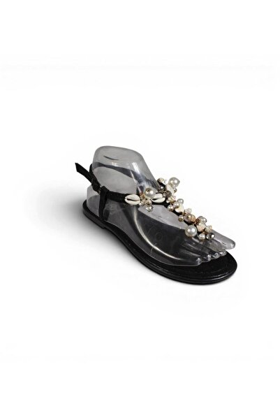 Yaz Kış Ayakkabı Yazkiş Women's Black Silver Shiny Fabric Beaded Flip-Flop Sa...