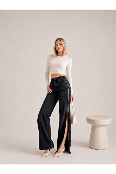 SHEVEGA Black High Waist Side Zipper Detailed Wide Leg Palazzo Jean Denim Jeans