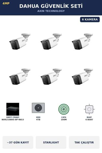 DAHUA 6 Kameralı 4MP Güvenlik Kamera Seti 4MP IP PoE Starlight Bullet Dış Mek...