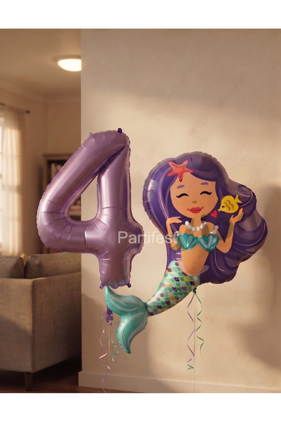 Partifest Mermaid Themed Foil Balloon Set - Purple Number Balloon for 4 Years...
