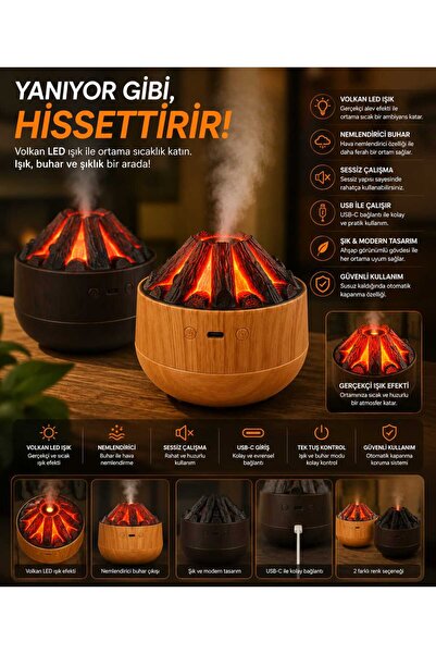 ikel elektro Volkan Tasarımlı LED Alev Efektli Hava Nemlendirici Aroma Difüzö...