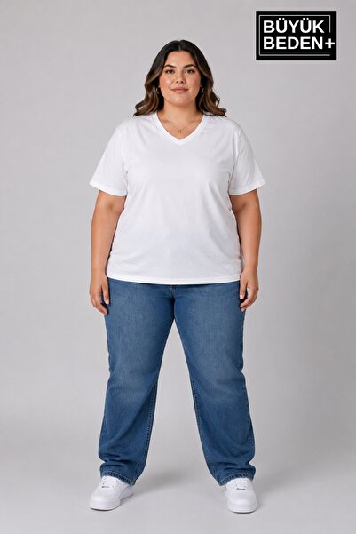 Superlife Süperlife Large Size Women's V-Neck Cotton Basic T-Shirt Navy Blue ...