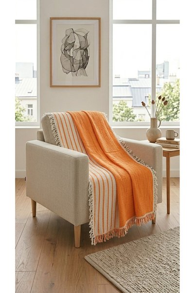 Mujo Home Collection 100% Organic Cotton 4-Layer Muslin Sofa Throw - Tv Blanket - Double-Sided Decorative Cover (90X200)
