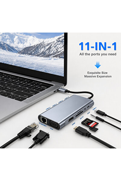 CAMCI 11 In 1 Type-c To Usb Hub Port Uyumlu Adaptör Hdmı 4x Usb Lan Vga Sd Ca...