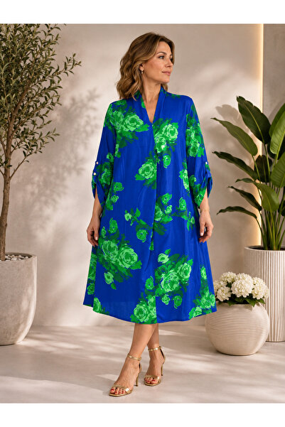 MENSAR OTANTİK Pleated front viscose dress with rose detailing. standard size...