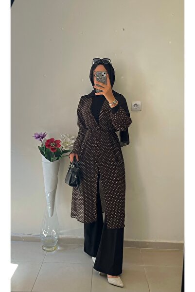 DİLEKBUTİK Kahverengi puantiyeli ince yazlık şifon kimono