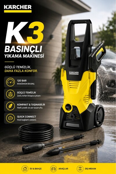 Karcher K3 Basınçlı Yıkama Makinesi 120 Bar 1600W Güçlü Motor 6 Metre Hortum ...