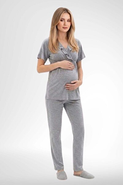 Mecit Pijama Mecit 6403 Gri Sabahlıklı Lohusa Pijama Takımı