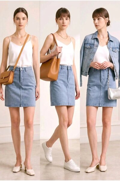 hies YIRTMAÇSIZ BUZ MAVİSİ KOT ETEK, YÜKSEK BEL LİKRALI YUMUŞAK JEANS ETEK