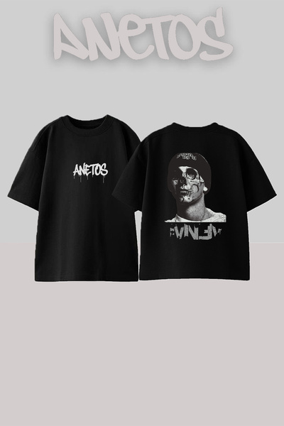 Anetos Μαύρο μπλουζάκι με σχέδιο Street Skull, τυπωμένο Unisex Oversize
