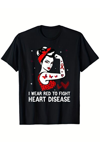 NOURAM تي شيرت رجالي أسود بتصميم 'I Wear Red to Fight' وتصميم ذراع ممتدة، ثقي...