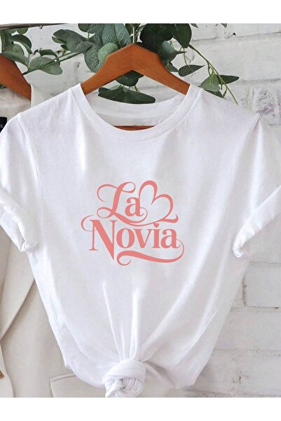 1001 Line تي شيرت مطبوع عليه حروف La Novia باللغة الإسبانية، قميص كاجوال بأكم...