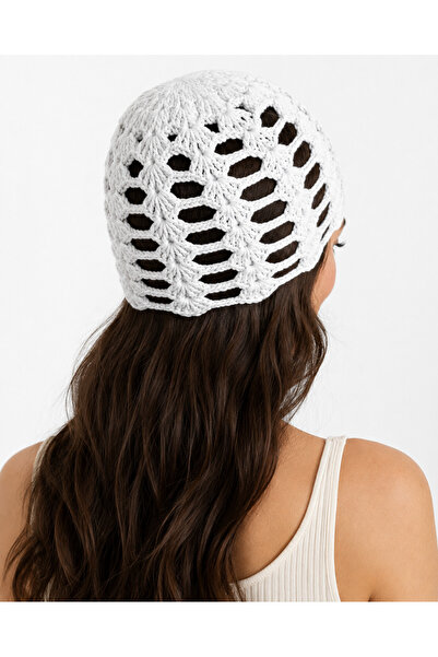 NEHOLİA Women's White Hand Knitted Perforated Summer Beanie Bohemian Hair Bea...