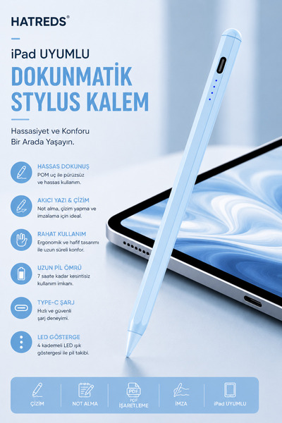 Hatreds iPad Uyumlu Type-C Şarjlı Dokunmatik Stylus Kalem POM Uçlu Hassas Çiz...