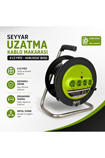 NAVEX Seyyar Uzatma Kablo Makarası 4'Lü Priz Kablosuz ( Boş )