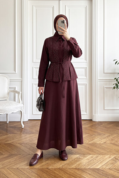 MODAQU Fringed Skirt, Stone Detailed Belted Polyviscon Double Set - Burgundy